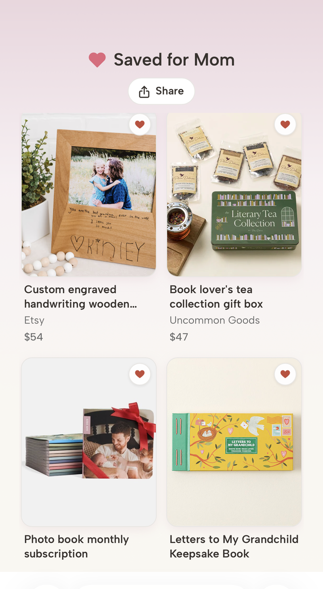 A saved board of gift ideas for Mom